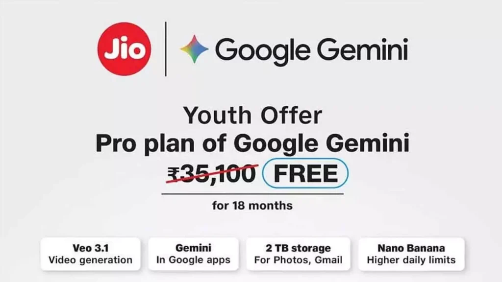 Reliance Jio का बड़ा ऐलान! अब मिलेगा 18 महीने तक फ्री Google AI Pro सब्सक्रिप्शन, ₹35,100 की सेवा बिल्कुल मुफ्त Reliance Jio का बड़ा ऐलान! अब मिलेगा 18 महीने तक फ्री Google AI Pro सब्सक्रिप्शन, ₹35,100 की सेवा बिल्कुल मुफ्त
