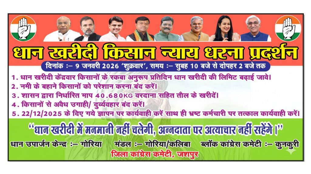 धान खरीदी को लेकर 9 जनवरी को 46 केंद्रों में कांग्रेस का जिला-व्यापी ” धान खरीदी किसान न्याय आंदोलन “