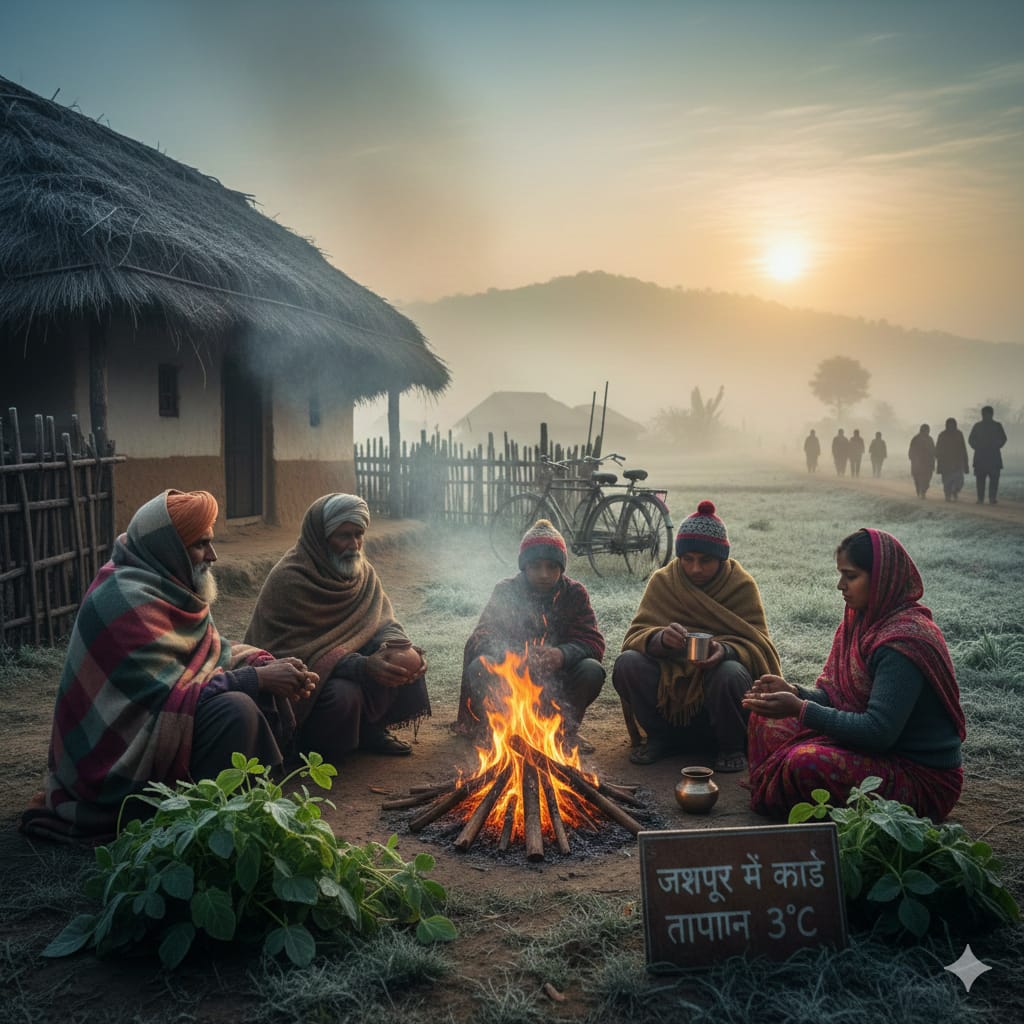 छत्तीसगढ़ में कड़ाके की ठंड का ‘ऑरेंज अलर्ट’: जशपुर से रायपुर तक शीतलहर की चपेट में प्रदेश, पेंड्रा और सरगुजा में जमी ओस