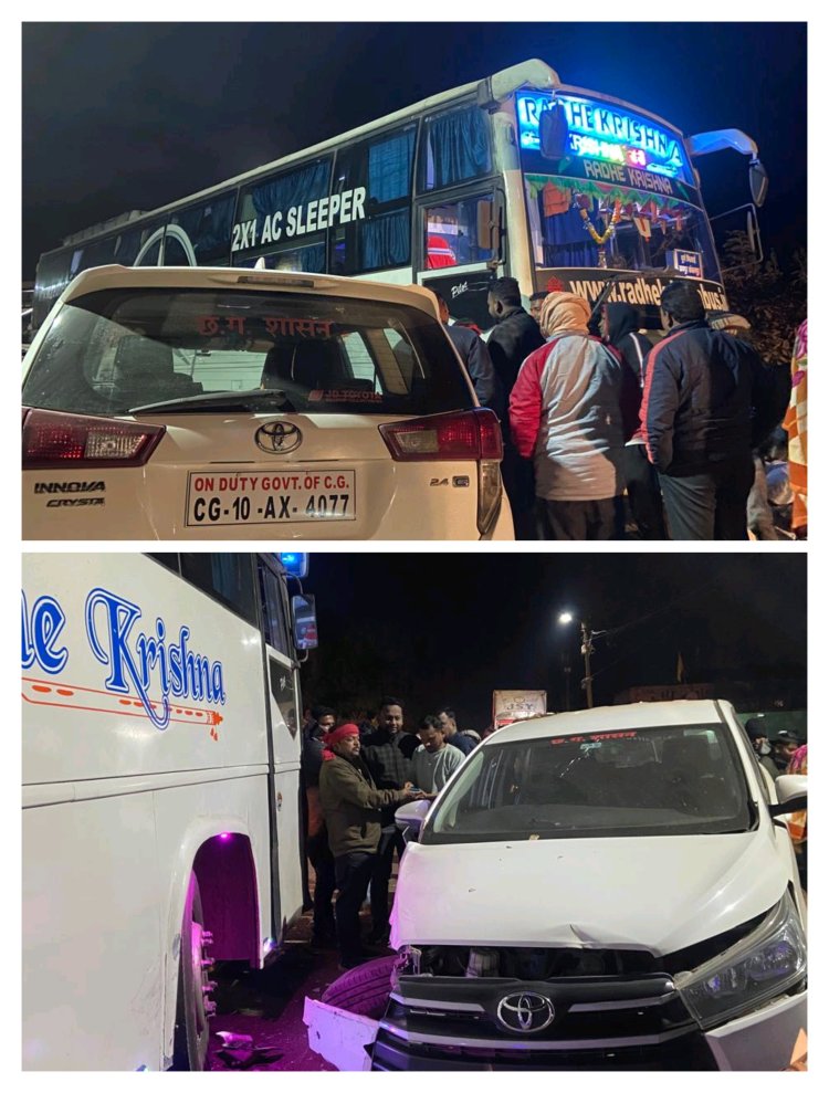 बस और इनोवा की आमने सामने भिड़ंत सभी यात्री सुरक्षित