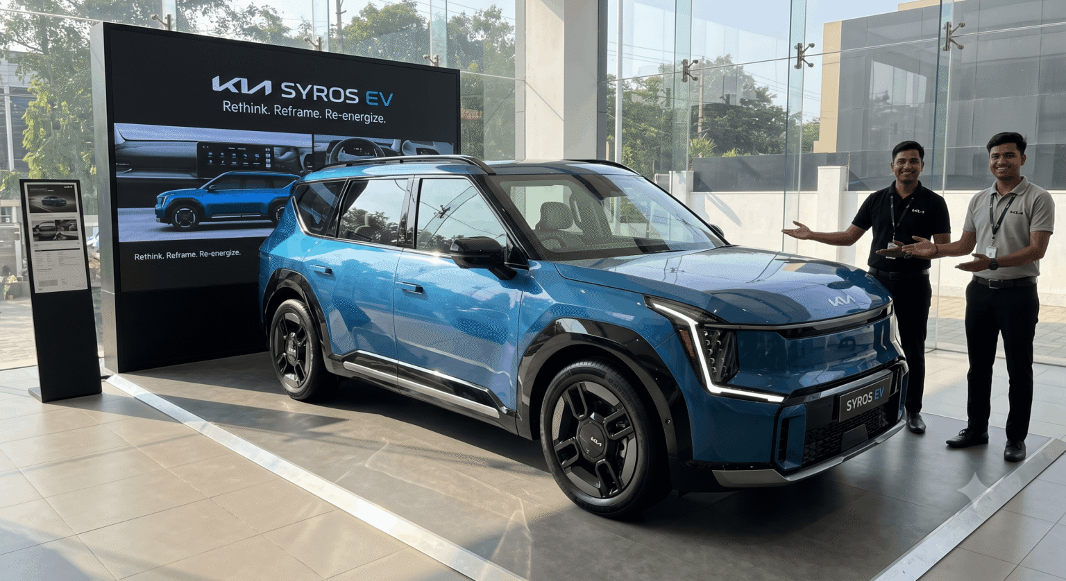 किआ Syros EV इलेक्ट्रिक कार भारत में लॉन्च शोरूम फर्स्ट लुक