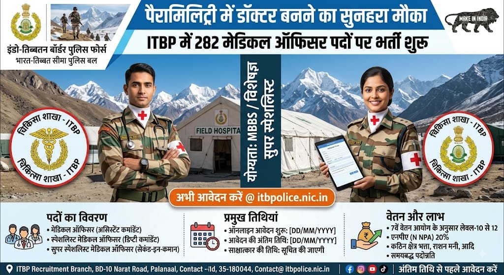 पैरामिलिट्री में डॉक्टर बनने का सुनहरा मौका: ITBP में 282 मेडिकल ऑफिसर पदों पर भर्ती शुरू