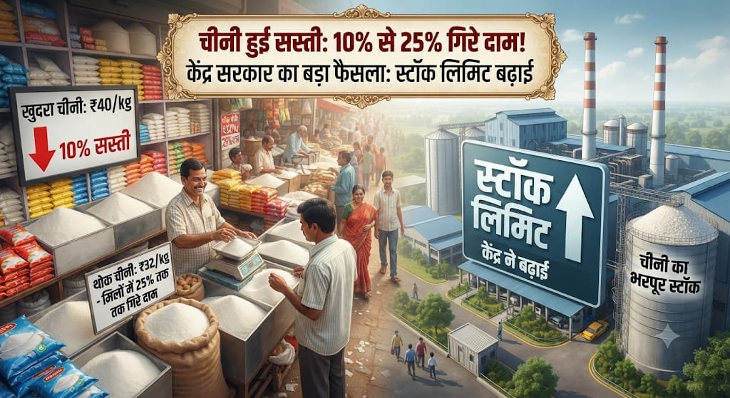 खुदरा बाजार में चीनी 10% सस्ती, मिलों में 25% तक गिरे दाम; केंद्र ने बढ़ाई स्टॉक लिमिट